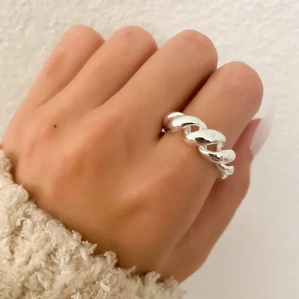 925 Sterling Silver Chunky Twist Ring Band Croissant Ring Statement Ring